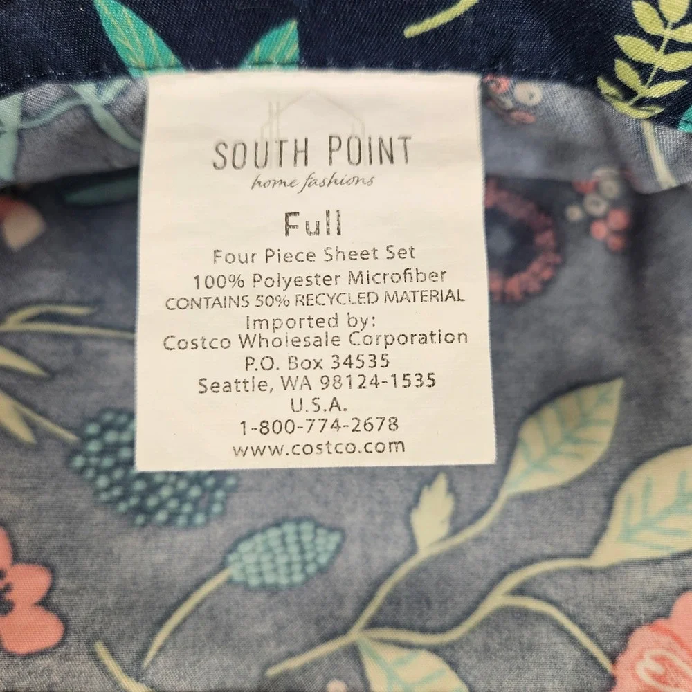 South Point FULL Microfiber Fitted & Flat Sheet Bedding Set Navy Blue Floral